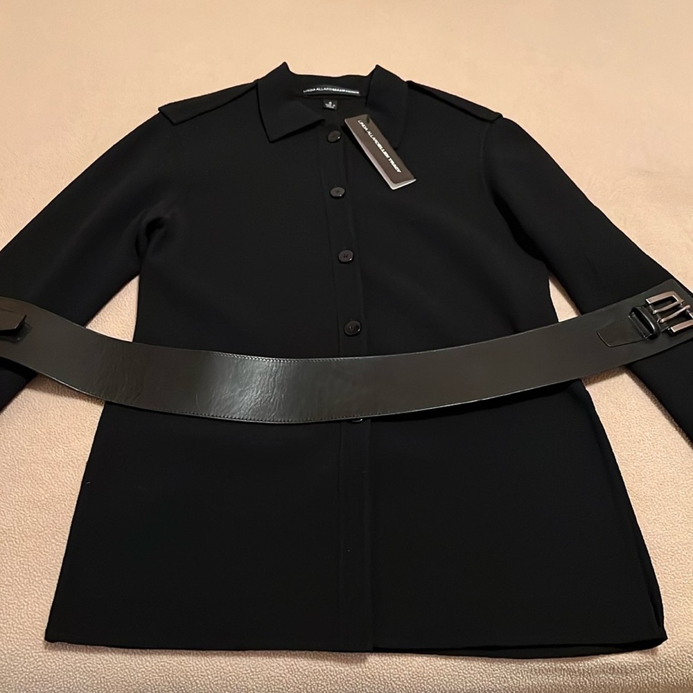 Linda Allard Ellen Tracy Wool Knit Sweater Jacket w Leather Belt